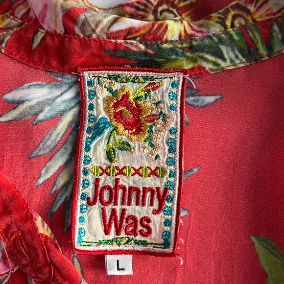 Johnny Was Sheer Button Front Red Multi Color Roll Sleeve Tunic Size L - Picture 4 of 13
